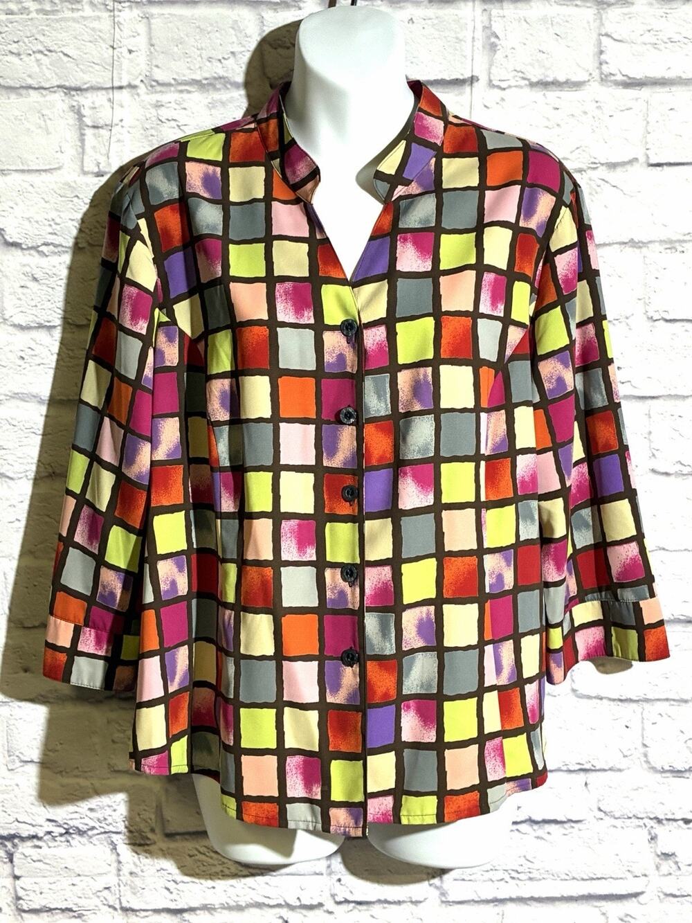 Kathy Che Womens 18 Colorful Geometric Print Blouse Button Front Y2K